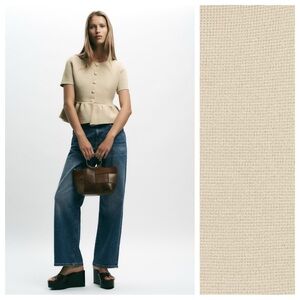 NWOT. Zara Sand Cotton Blend Peplum Cardigan. Size M.
